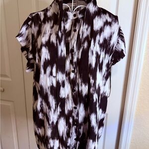 Calvin Klein Black and Purple Button Down Blouse with Mandarin Collar